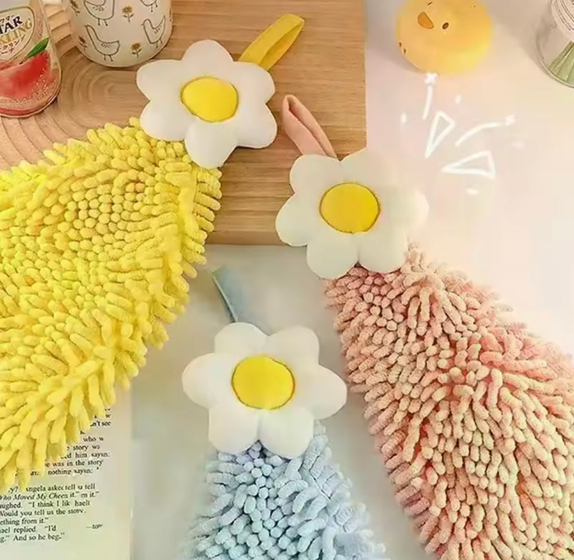 Set Of 3 Chenille Hand Towel with Hanging Loops, Sun Flower Thickened Absorbent Dish Cleaning Cloth, Kitchen Cleaning Towel