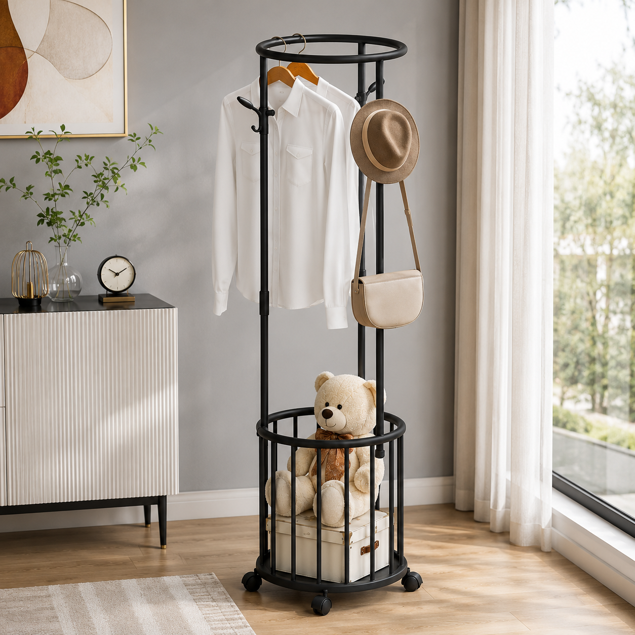 Nordic Rolling Coat Stand with Storage Basket, Multipurpose Garment Rack with Wheels, Space Saving Coat Rack with Storage Basket