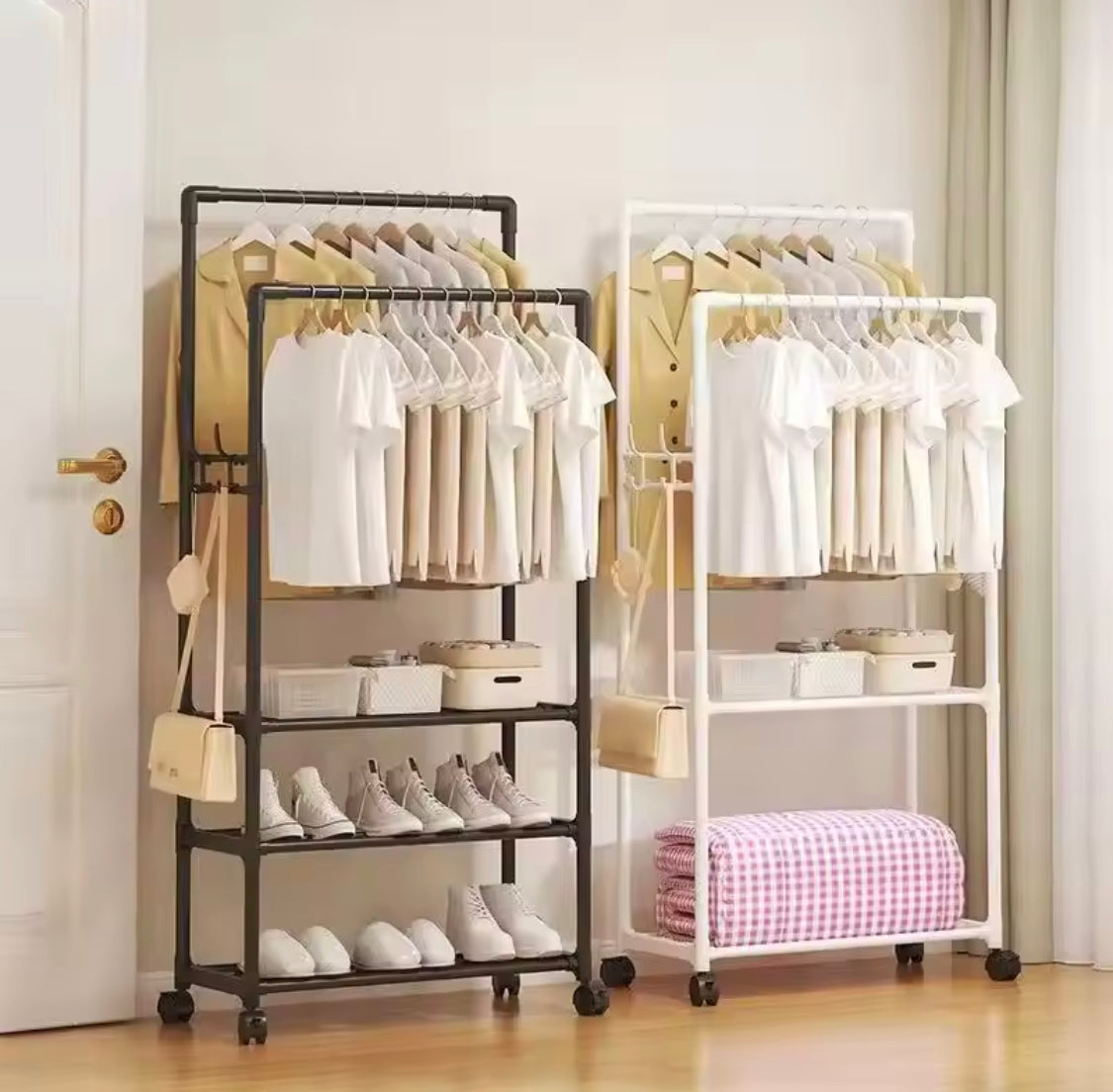 Multifunctional Metal Clothes Rack With Storage Shelves, Homlly Entryway Coat Rack with Shoes Organizer, Bedroom Living Room Hanger, Living Room Clothes Storage Rack