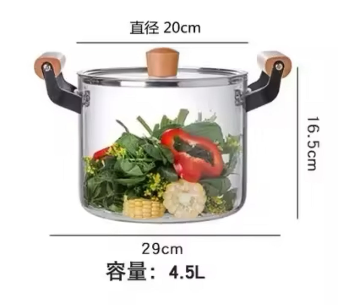Transparent Cooking Pot With Wooden Handle, Heat Resistant Glass Pot, Kitchen Cookware Pot