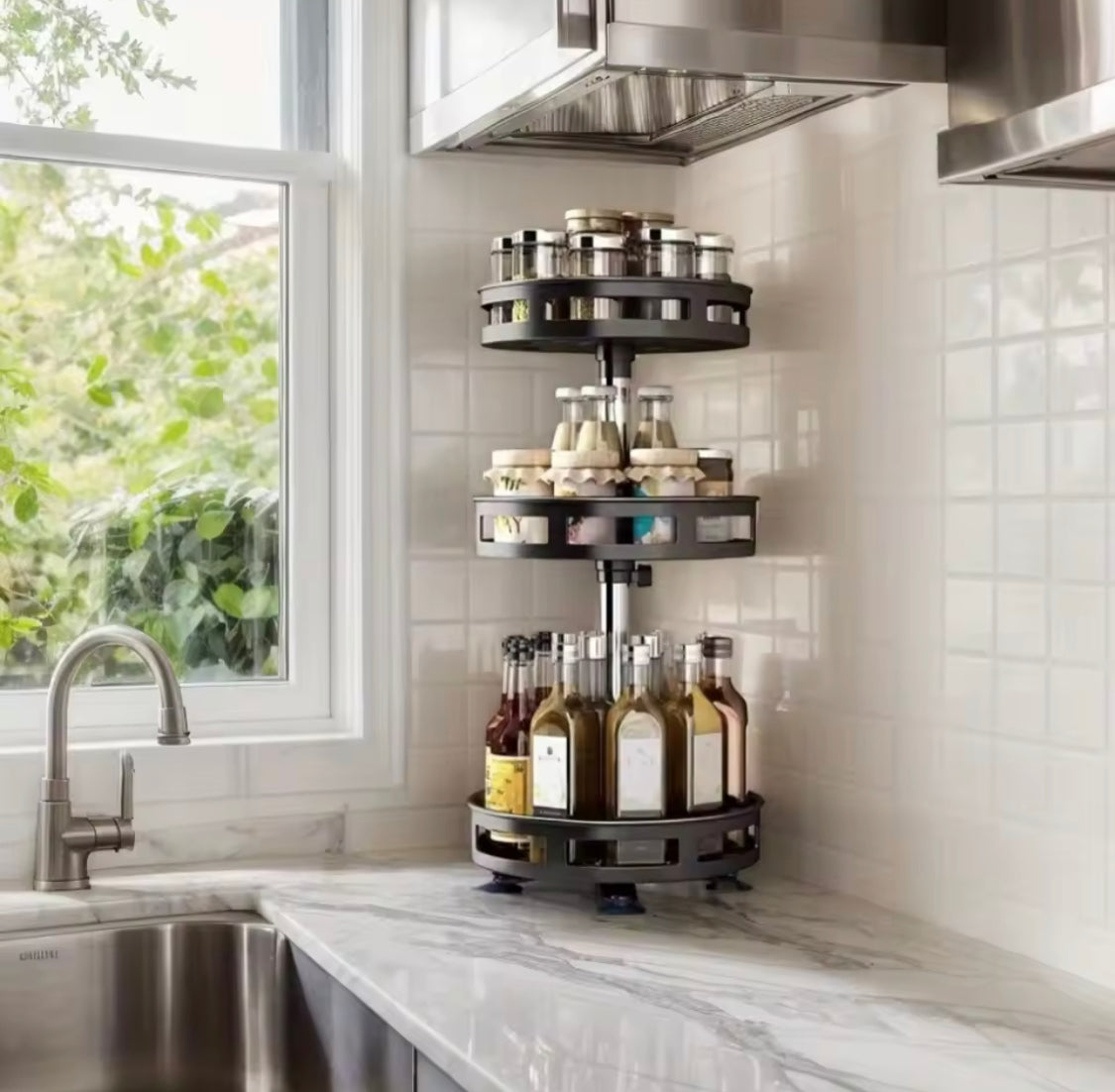 360° Rotation Spice Rack Organizer, Multi Layer Carbon Steel Kitchen Storage Rack, Non Skid Base Kitchen Storage Rack