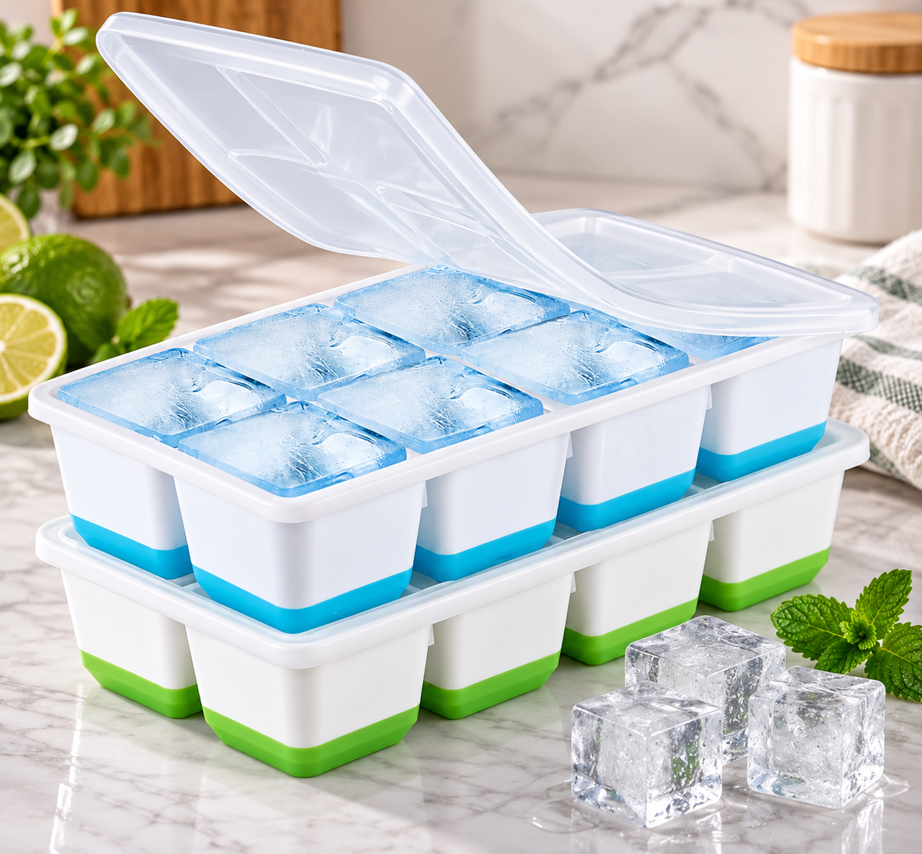 Stackable Silicone Ice Cube Tray with Lid, Ice Cube Tray with Protective Lid, Reusable Ice Cube Making Tray