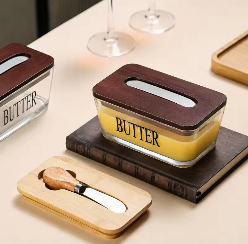 Glass Butter Box with Bamboo Lid And Knife Holder, Butter Keeper Glass Container, Glass Butter Box with Wooden Lid