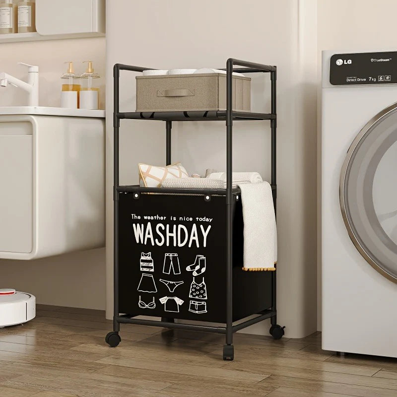 Compact Multilayers Storage Rack, Moveable Laundry Basket With Shelf, Multipurpose Organizer For Kitchen And Bathroom
