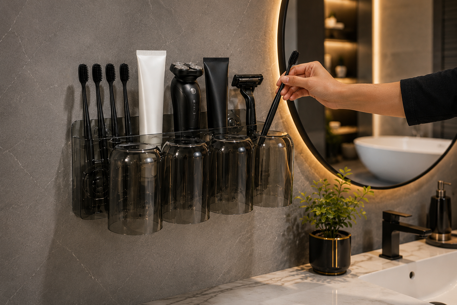 4 in 1 Wall Mounted Toothbrush Holder, Luxury Bathroom Storage And Cup Holder, Bathroom Essentials Wall Organizer