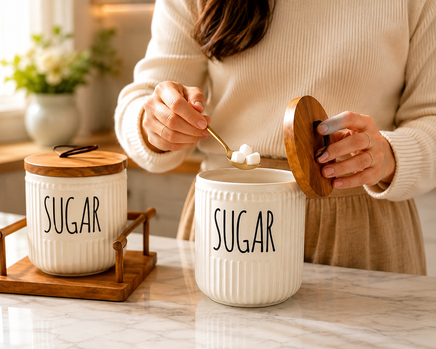 3pcs Ceramic Coffee Tea Sugar Pot Set, Elegant Ceramic Canister Set with Wooden Tray, Classic Ribbed Kitchen Jar Set