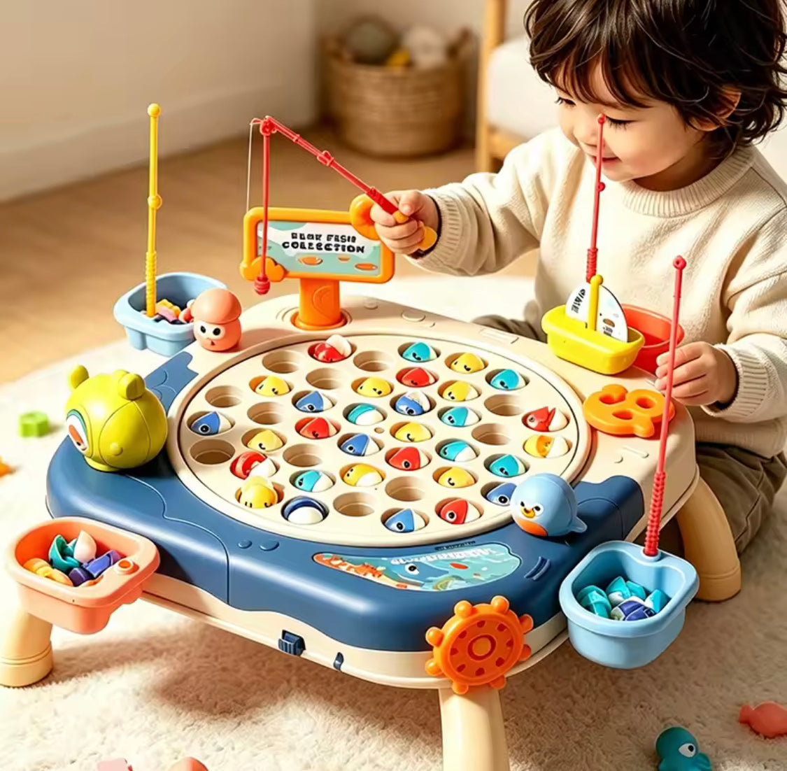 Kids Magnetic Fishing Catching Toy Game, Rotating Fish Catching Toy, Musical Educational Fishing Board Game, Kids Fishing Competition Play Set, Fishing Adventure Game Table for Kids, Educational Magnetic Fish Catching Game