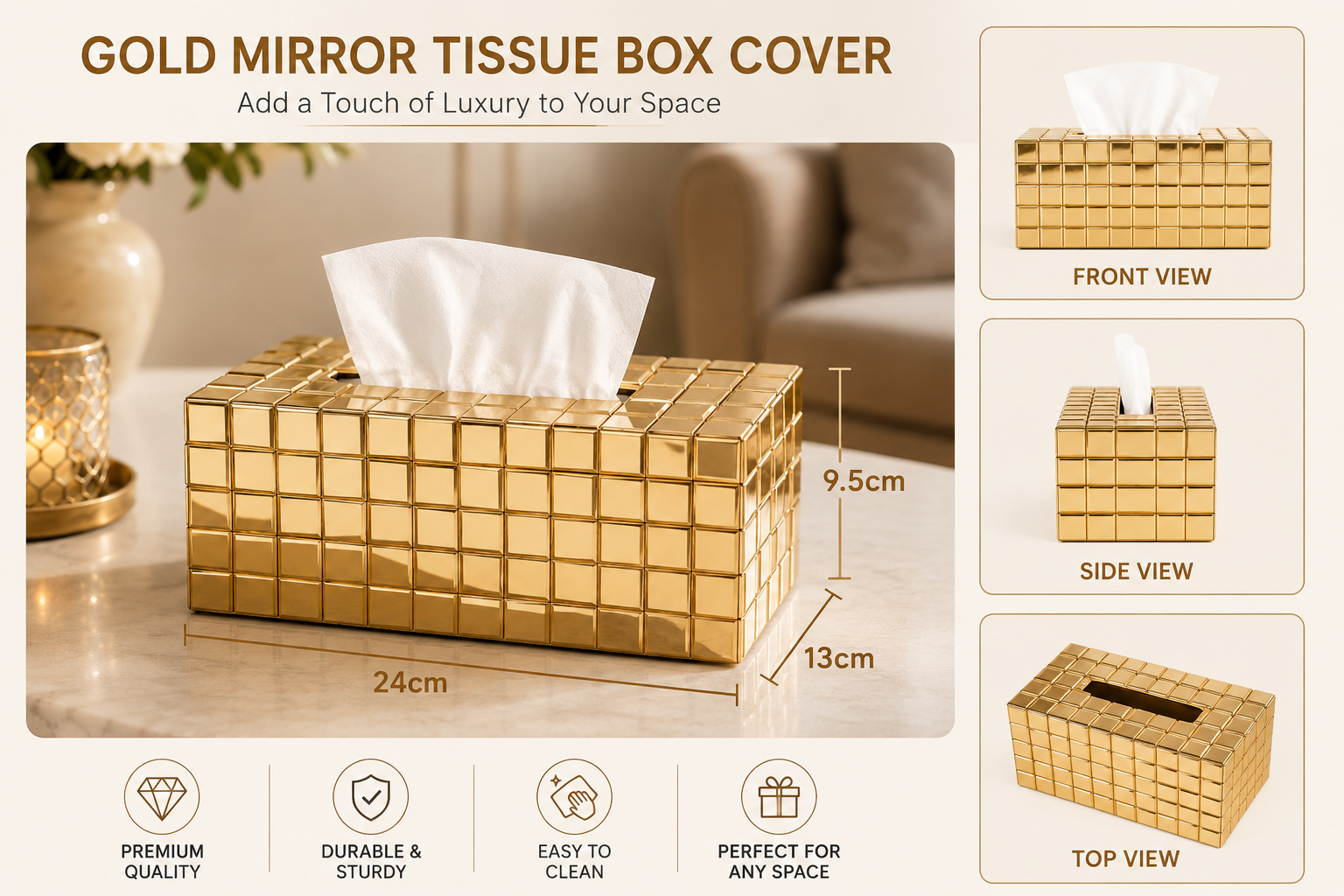 Luxury Rectangular Tissue Box Cover, Elegant Gold Tissue Box Cover, Rectangular Mirror Tissue Box, Royal Gold Mirror Tissue Holder