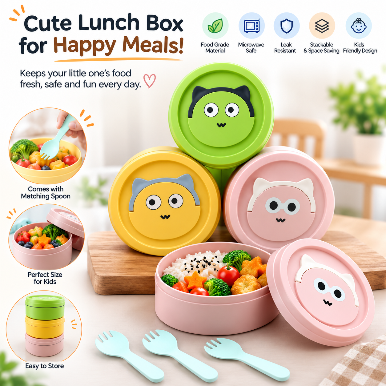 Creative Cat Lunch Box, Cute Lunch Container, Food Grade Plastic Lunch Box, Portable Hermetic Bento Box, Plastic Bento Box with Lid, Kids School Lunch Box, Snack Food Storage Container