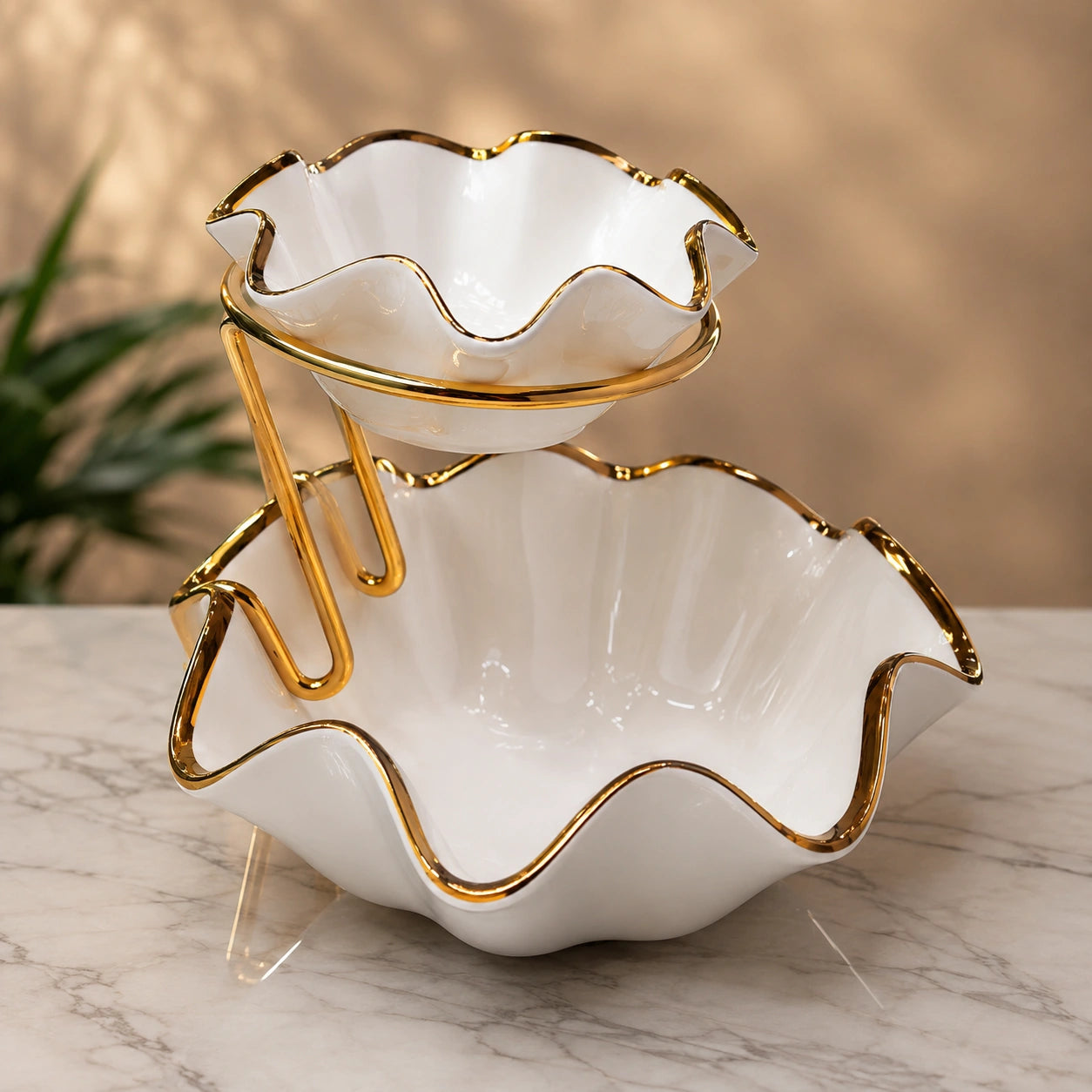 Elegant 2 Tier Serving Bowl Stand, Wave Design 2 Tier Serving Bowl, Classic White Gold Serving Stand, Elegant Multi Purpose Serving Bowl