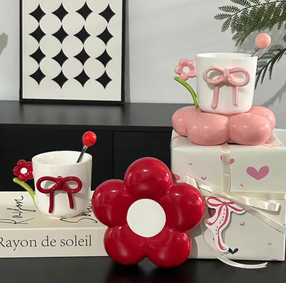 Creative Bow Ceramic Mug With Spoon, Three Simensional Flower Coffee Cup, Girls Office Breakfast Milk Cup