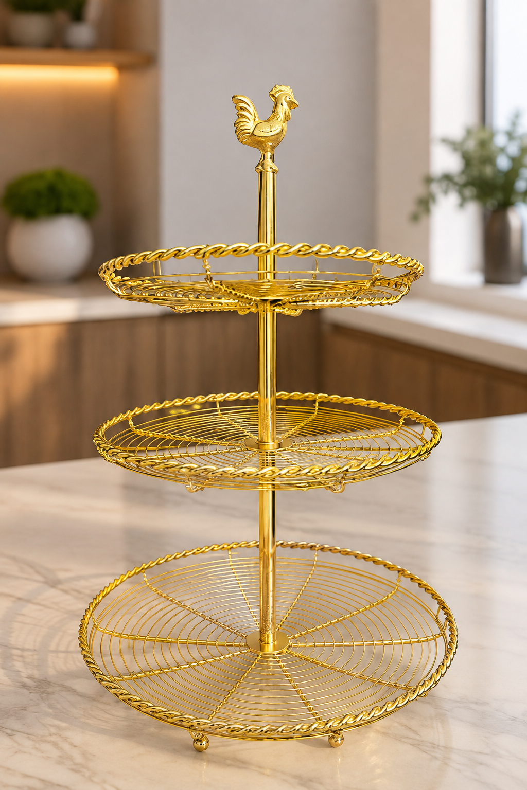 3 Tier Golden Fruit Basket with Rooster Top, Multi Purpose Serving Stand, Golden Rooster Fruit & Snack Organizer, Elegant Food Serving Stand