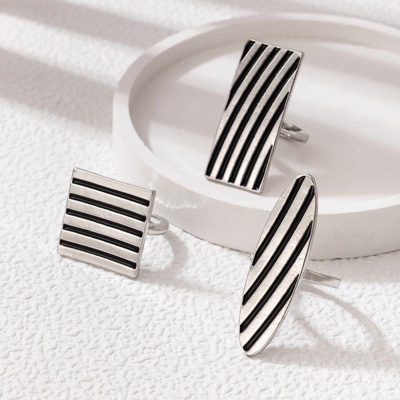 Set Of 3 Geometric Striped Ring, Striped Metal Accent Ring, Silver Black Big Chunky Midi Ring For Women Jewellery