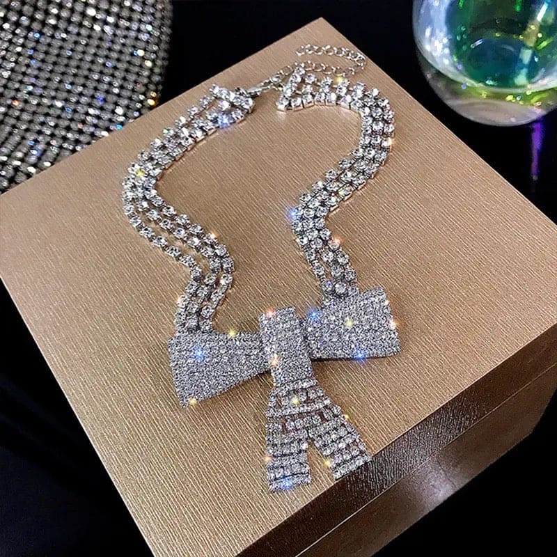 Shiny Crystal Bowknot Necklace, Long Tassel Rhinestone Necklaces, Luxurious Bowknot Pendant Necklace, Sparking Crystal Pave Bowknot Pendant, 3D Bowknot Pendant Necklace Jewellery