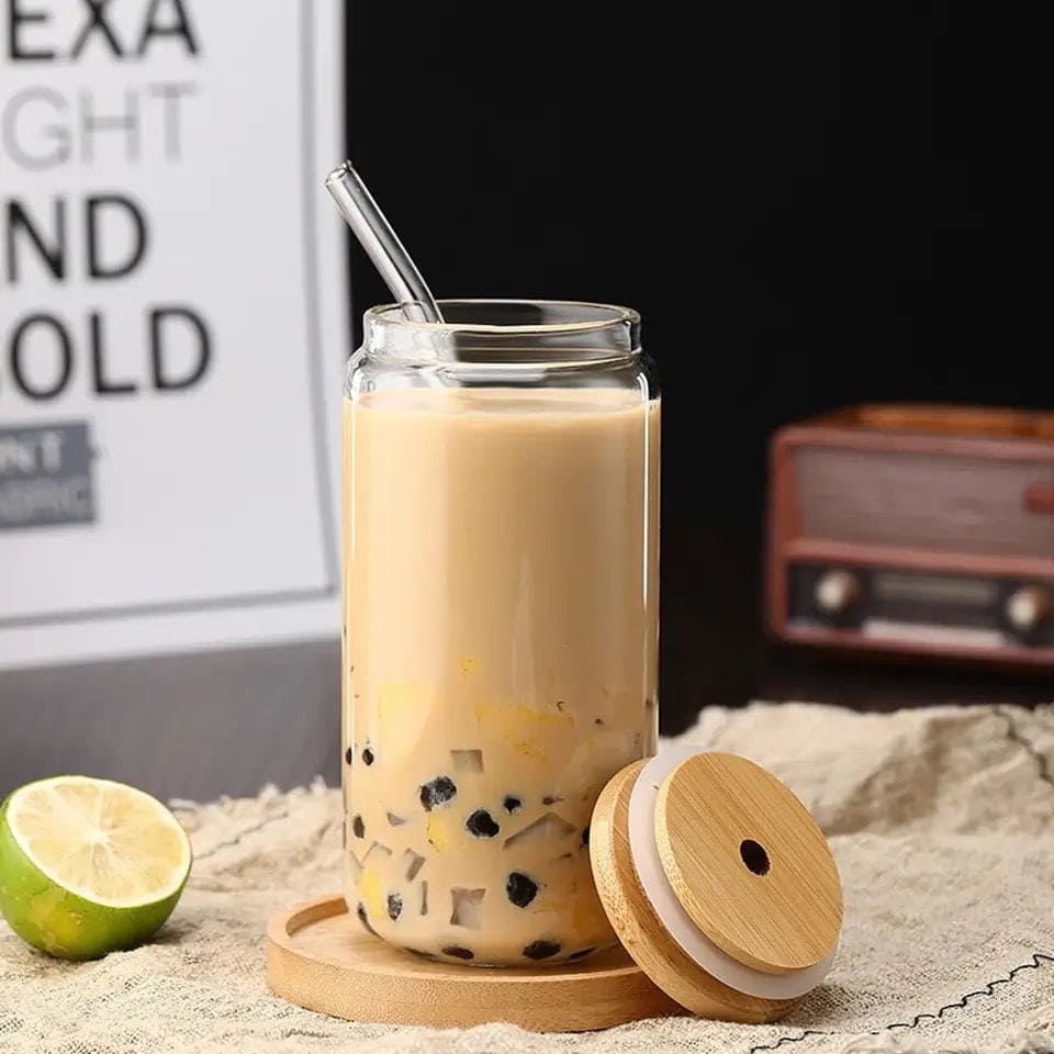 Bubble Tea Cup, 500ml Glass Mug With Bamboo Glass And Straw, Multipurpose Iced Coffee Cute Tumbler Cup for Cocktail, Party Beverage Cup, Portable Glass Water Cup with Straw Lid, Household Borosilicate Straw Glass