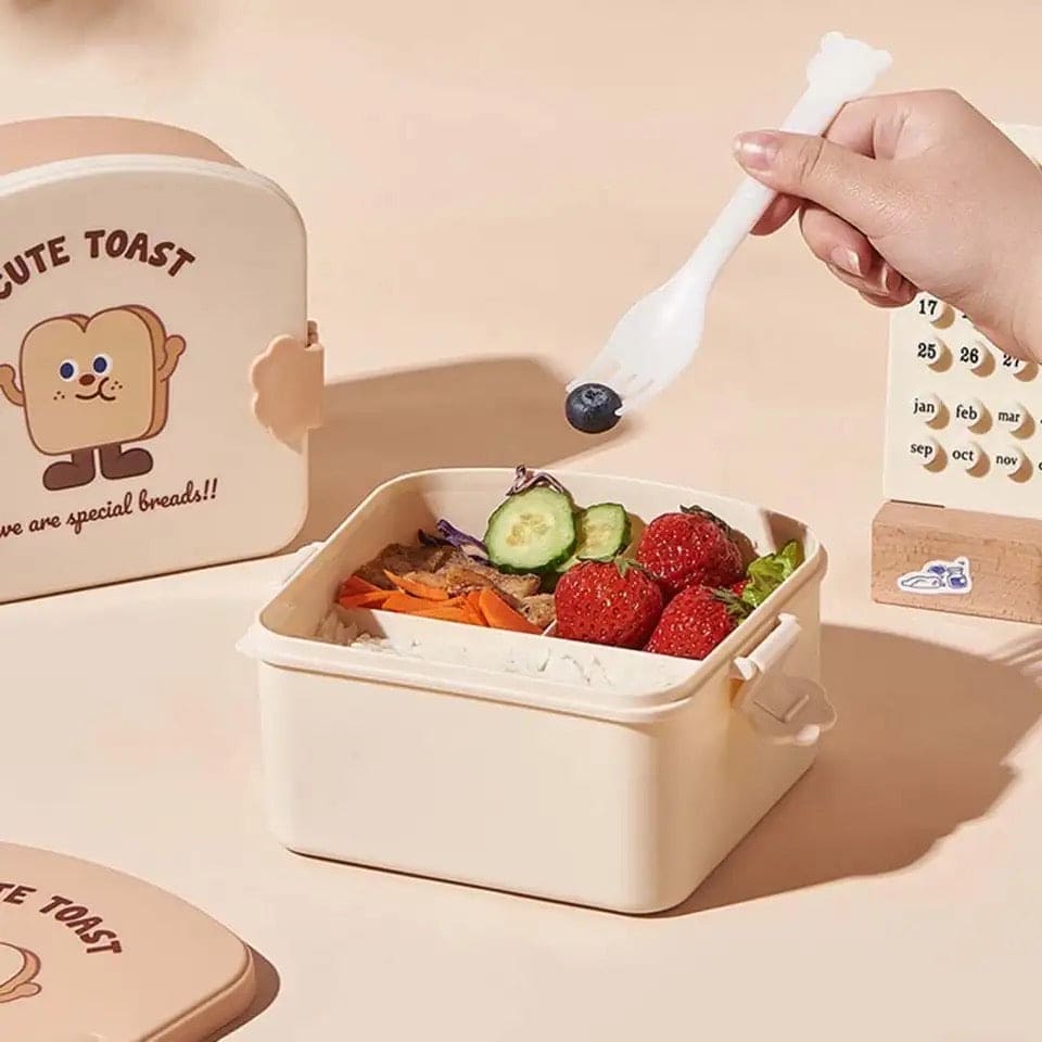 Square Toast Lunch Box, Plastic Partition Bento Box with Lid, Kids School Lunch Box, Snack Food Storage Container, 3 Grids Lunch Box with Cutlery, Cartoon Toast Pattern Students Bento Case for School Office