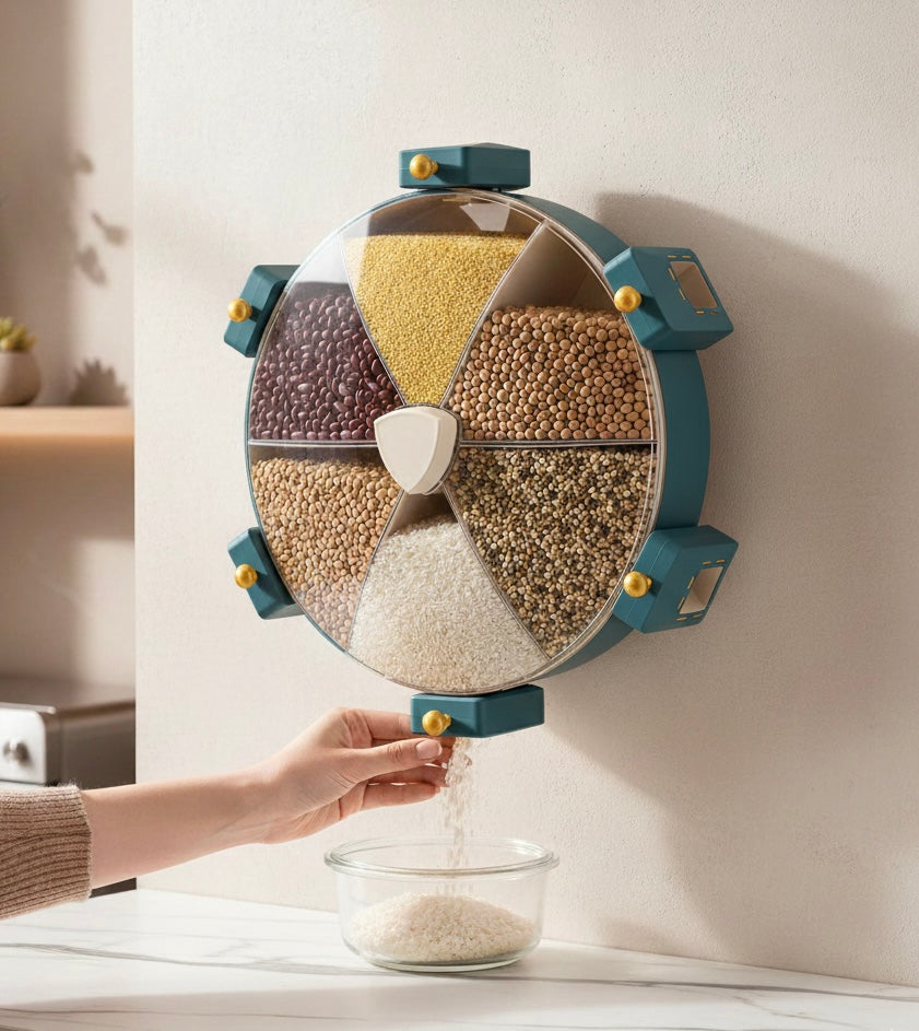 Wall Mounted 6 Grids Grain Storage Wheel, Rotatable Cereal Container, 6 in 1 Rotatable Wall Mounted Rice And Pulses Container