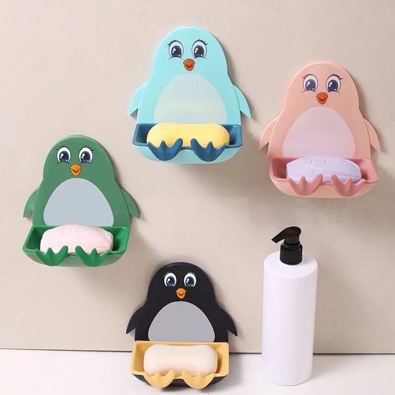 Cute Penguin Soap Box, Penguins Shape Soaps Box with Hook, Cute Drain Toilet Free Punch Shelf Soap Box, Bathroom Soap Case, Dormitory Bath Soap Dish