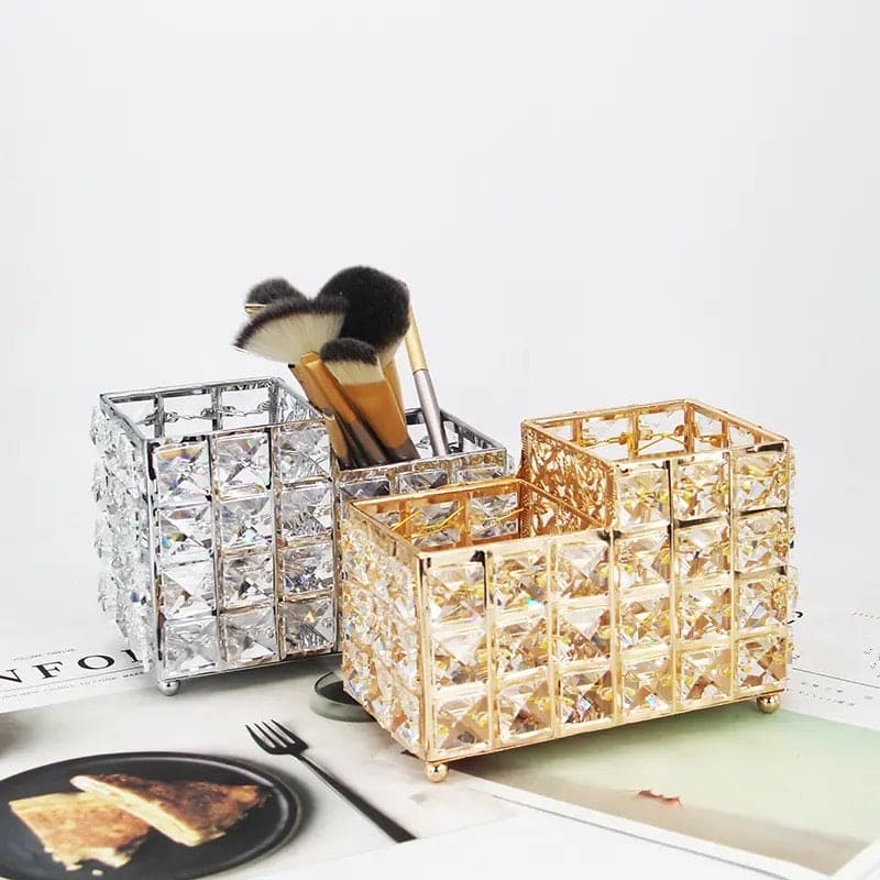 Nordic Crystal Makeup Brush Holder, Desktop Eyebrow Pencil Storage Bucket, Jewelry Cosmetic Organizer, Vintage Square Crystal Cosmetic Brush Holder, Multifunctional Double Compartment Luxury Organizer