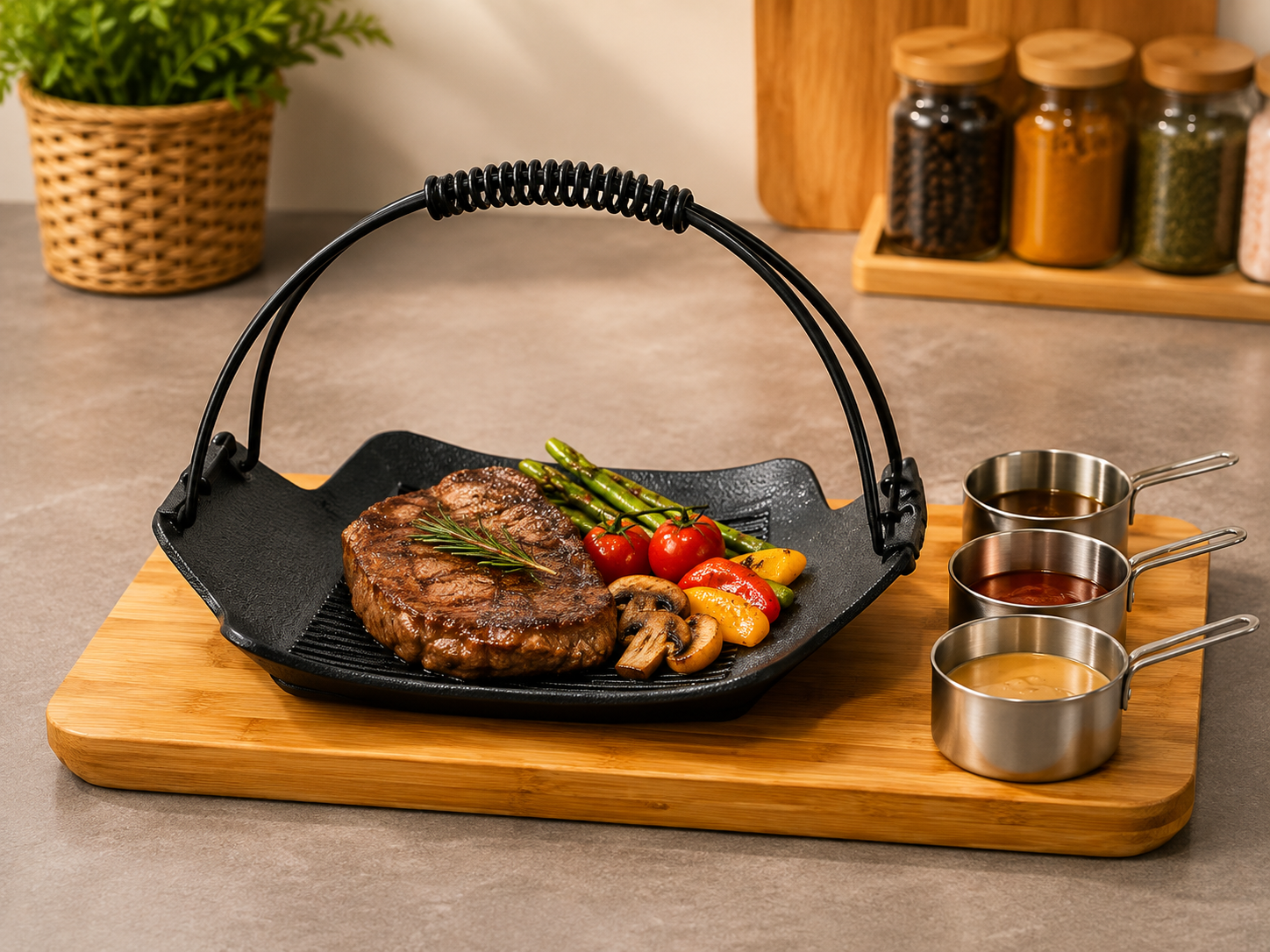Tabletop Steak Grill Plate with Bamboo Serving Board,
Korean BBQ Grill Plate Set With Sauce Cups, Steak Grill Plate with Bamboo Tray And Sauce Cups, Portable Korean BBQ Grill Pan Serving Set