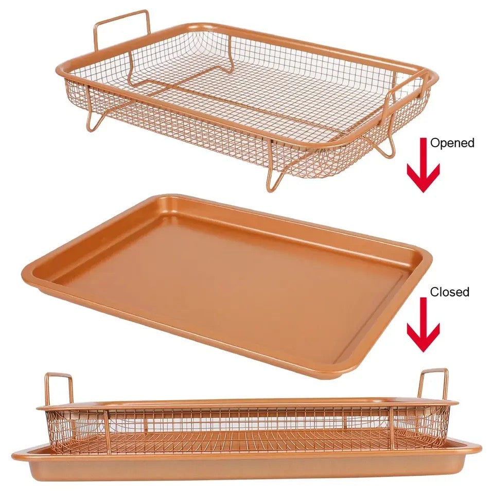 Set Of 2 Pcs Air Fryer Tray, Double Non Stick Crisper Tray, Multifunction Roasting Frying Basket, Heat Resistance Oven Grill Pan Basket, Cooling Grill Pan Plate With Handles
