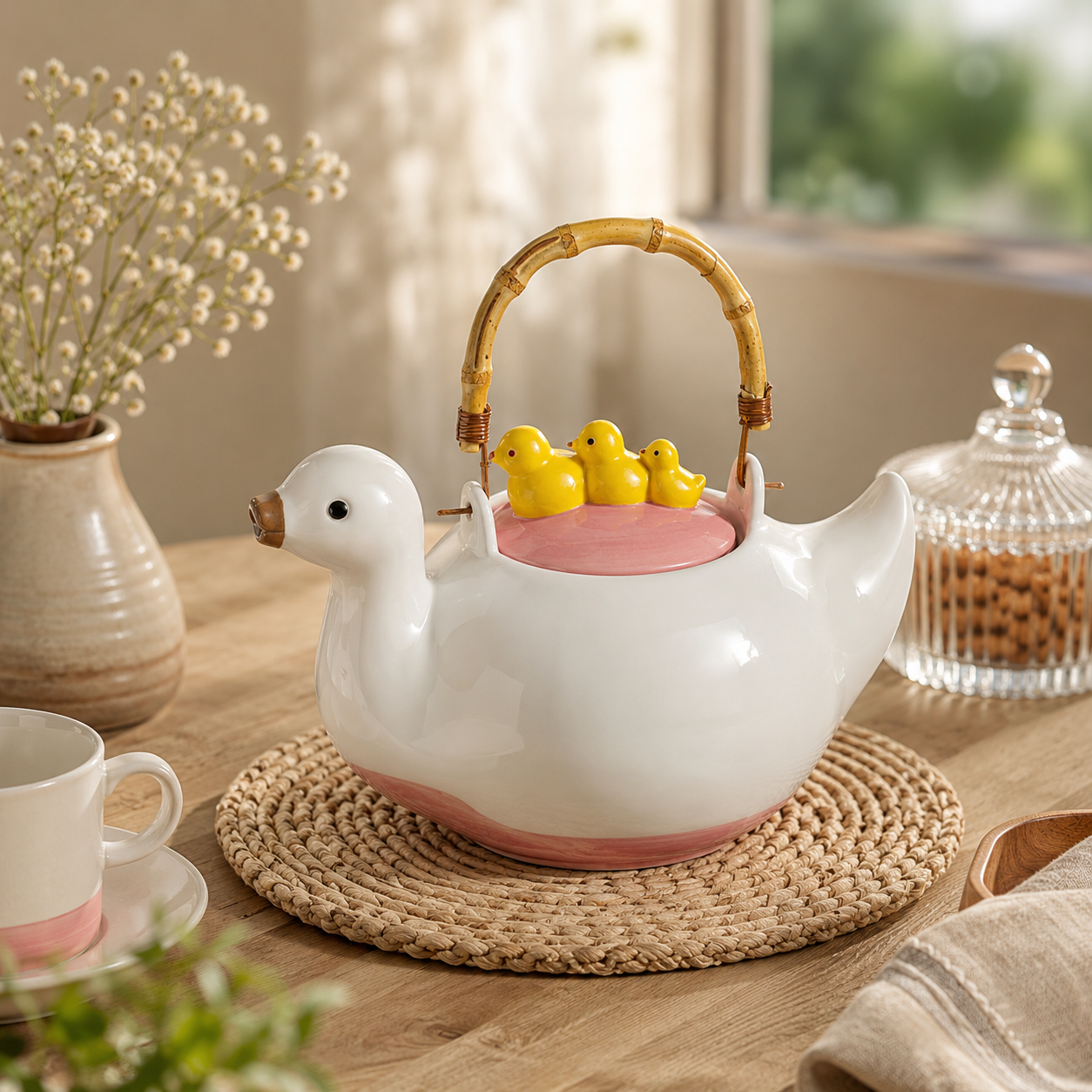 Duck Shape Ceramic Tea Kettle with Handle, Cute Duck Ceramic Serving Kettle, Nordic Duck Tea Kettle with Duck Lid Design, Decorative Duck Shape Tea Kettle, Ceramic Duck Tea Pot with Heat Resistant Handle