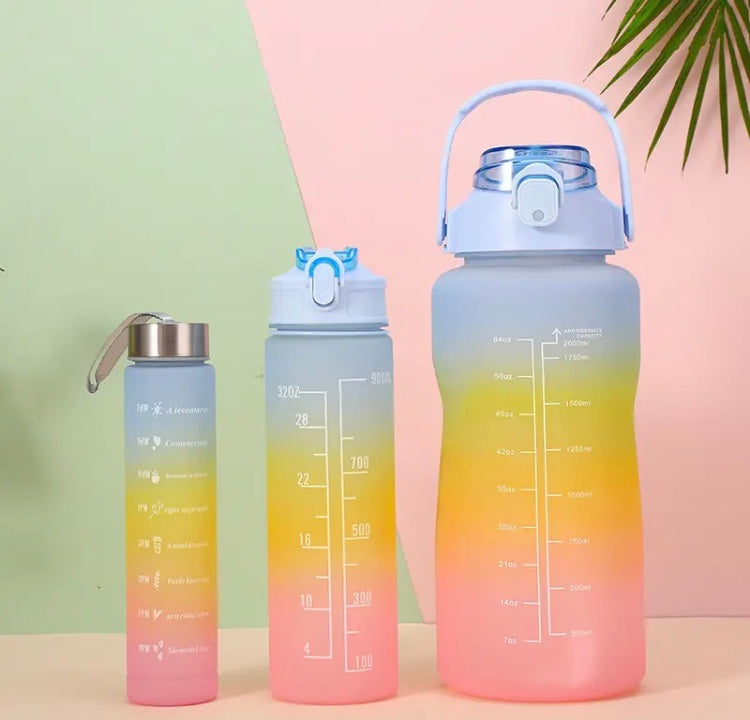 Set of 3 Gradient Colour Water Bottle, Large Capacity Water Bottle, Motivational Academy Water Bottle