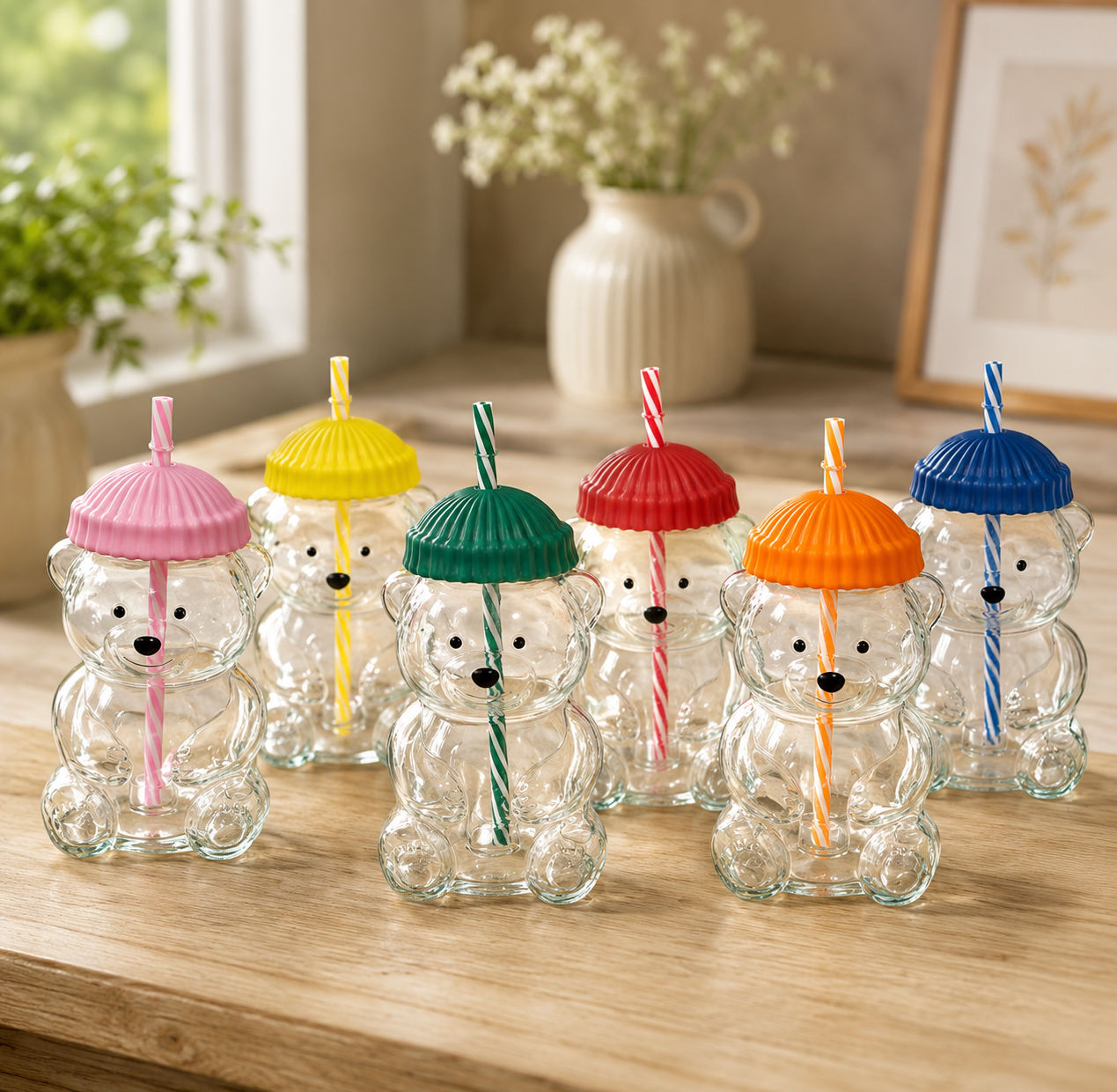 Bear Shape Glass Cup With Straw, Bear Shape Beverage Cup, Bear Smoothie Cup With Straw, Bear Drinking Cup With Lid And Straw