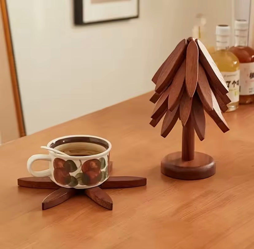 Expandable Tree Shape Pot Stand, Tree Design Wooden Trivet, Foldable Wooden Heating Pad, Heat Resistant Wooden Pot Stand, Blossom Wooden Trivet