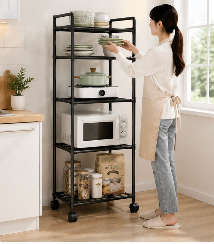 Multi Purpose 5 Tier Storage Shelf with Wheels, Multifunctional Utility Storage Rack, Multi Layers Microwave Oven And Kitchen Organizer