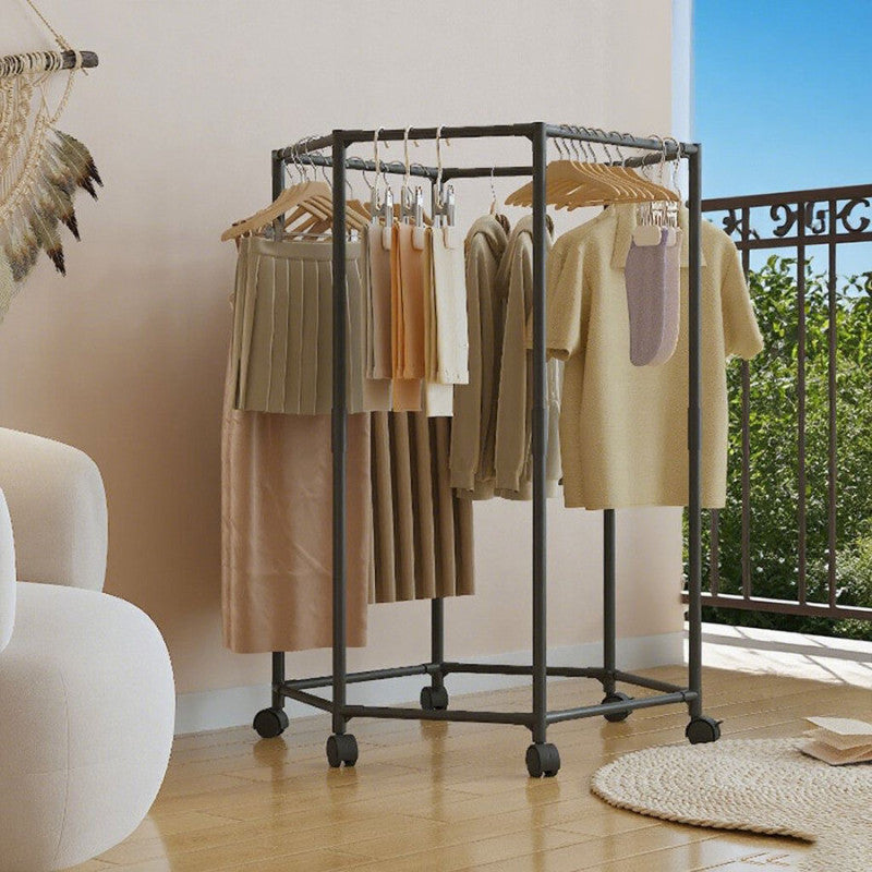 360° Rotating Metal Clothes Stand Rack With Wheels, Multi Purpose Garment Organizer, Rolling Clothes Hanging Rack, Portable Clothes Storage Rack, Space Saving Rolling Clothes Rack