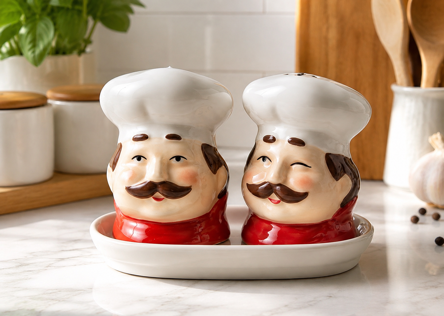 Ceramic Chef Salt And Pepper Shaker Set, 2pcs Kitchen Seasoning Set with Serving Tray