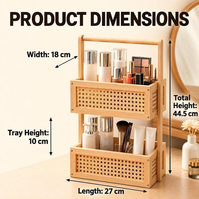 2 Tier Wooden Makeup Storage Organizer, Wooden Vanity Organizer with Woven Cane Design, MultiPurpose Wooden Storage Organizer with Handle