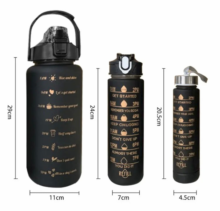 Set of 3 Gradient Colour Water Bottle, Large Capacity Water Bottle, Motivational Academy Water Bottle