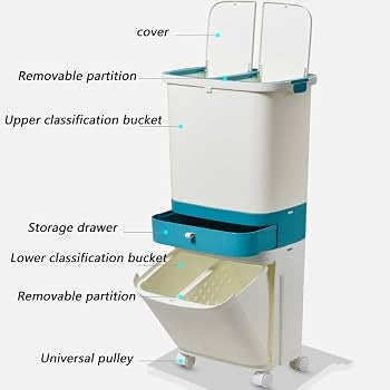 3 In 1 Kitchen Waste Bin Organizer, 2 Layers Garbage Container With Wheels, Smart Dual Trash Bin with Storage Drawer, Multi Layer Kitchen Dustbin, Rolling Kitchen Trash Bin with Drawer, Dual Compartment Waste Sorting Bin