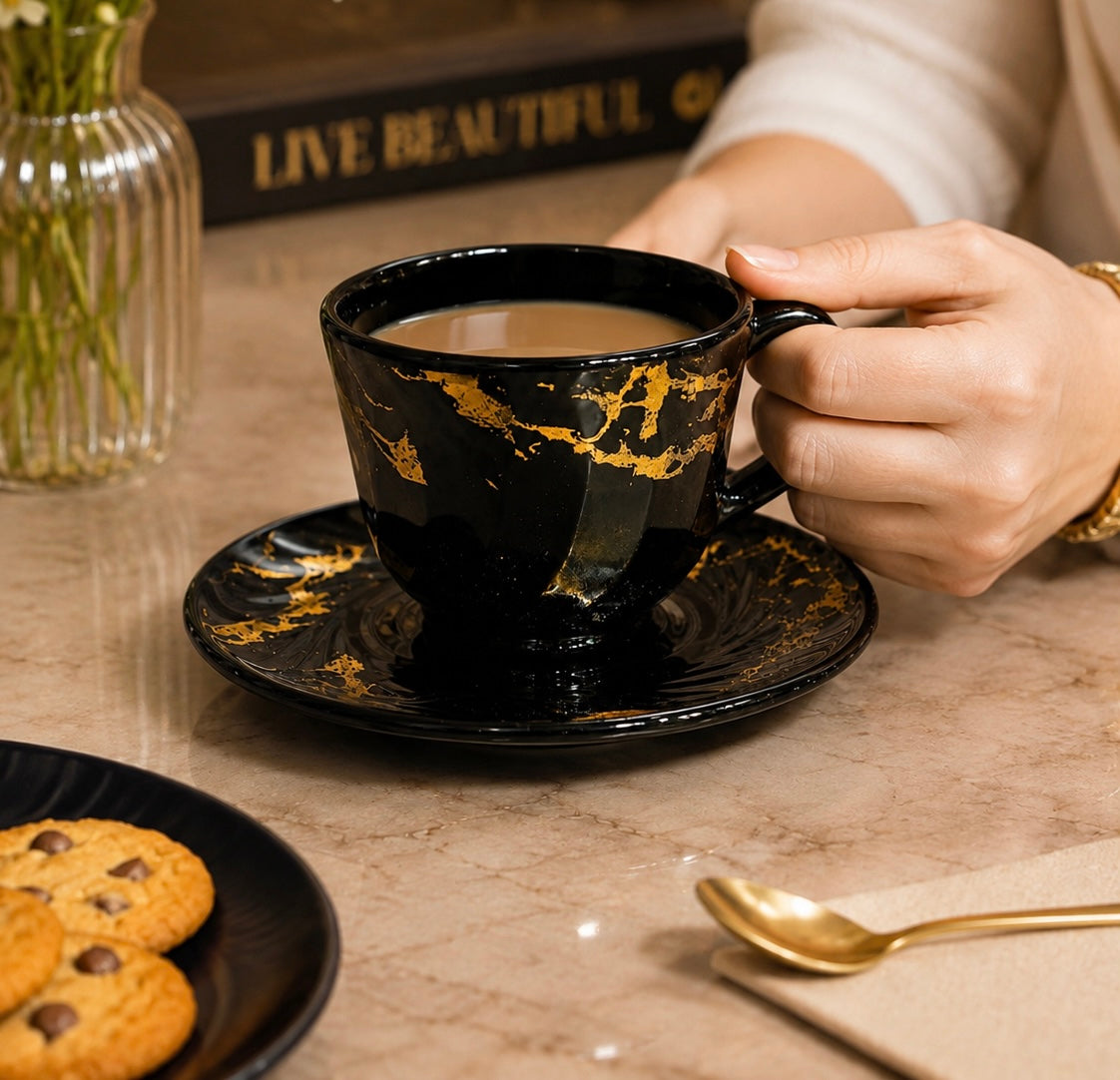 Elegant 6Pcs Tea Cup With Saucer Set, Golden Crackle Design Tea Cup Set, Insulated Coffee Mug, Coffee Glass