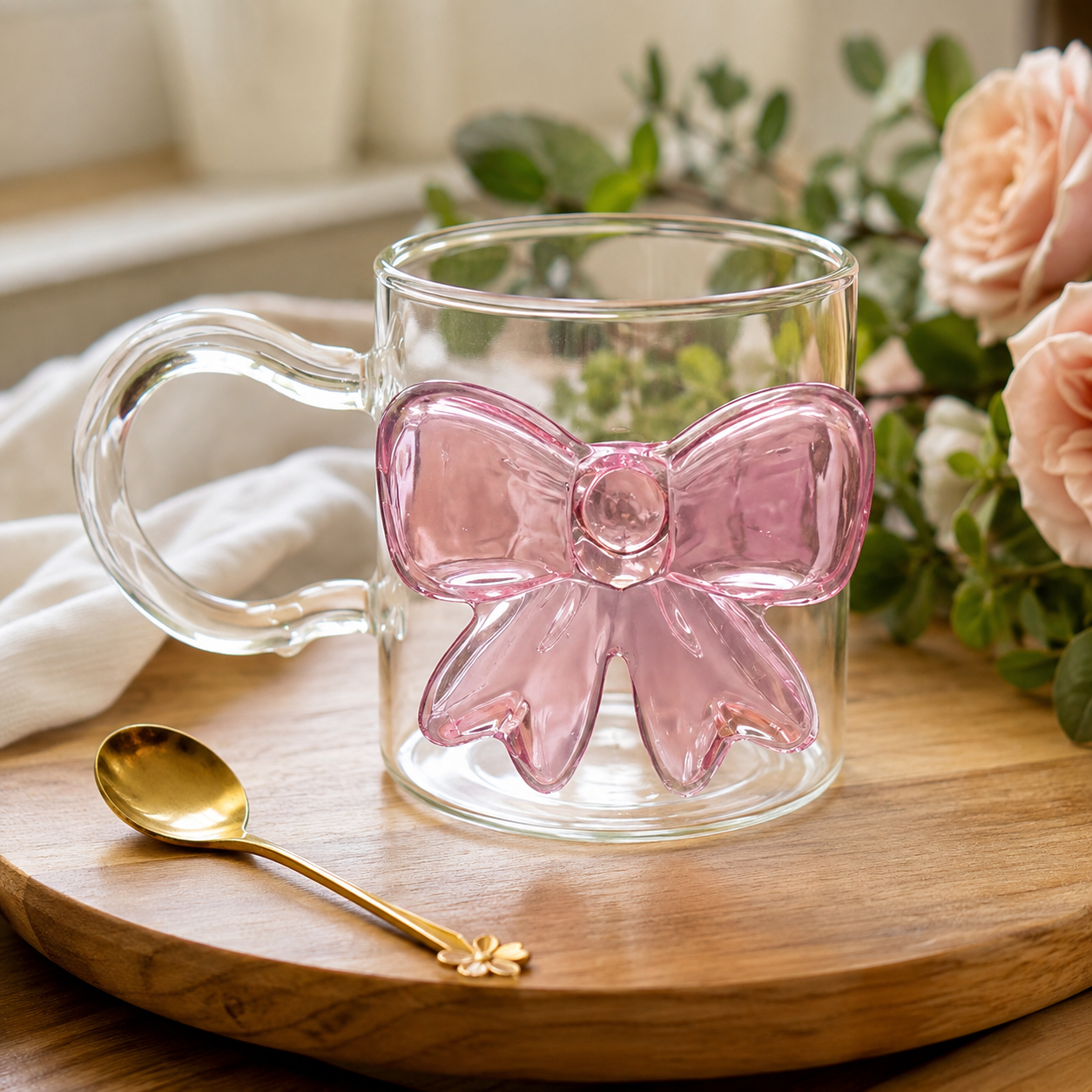 Heat Resistant 3D Bow Glass Mug With Handle, Aesthetic Bow Tea Mug, Cute Ribbon Glass Mug for Coffee & Tea, Double Wall Style Bow Glass Mug, Transparent Bow Coffee Mug