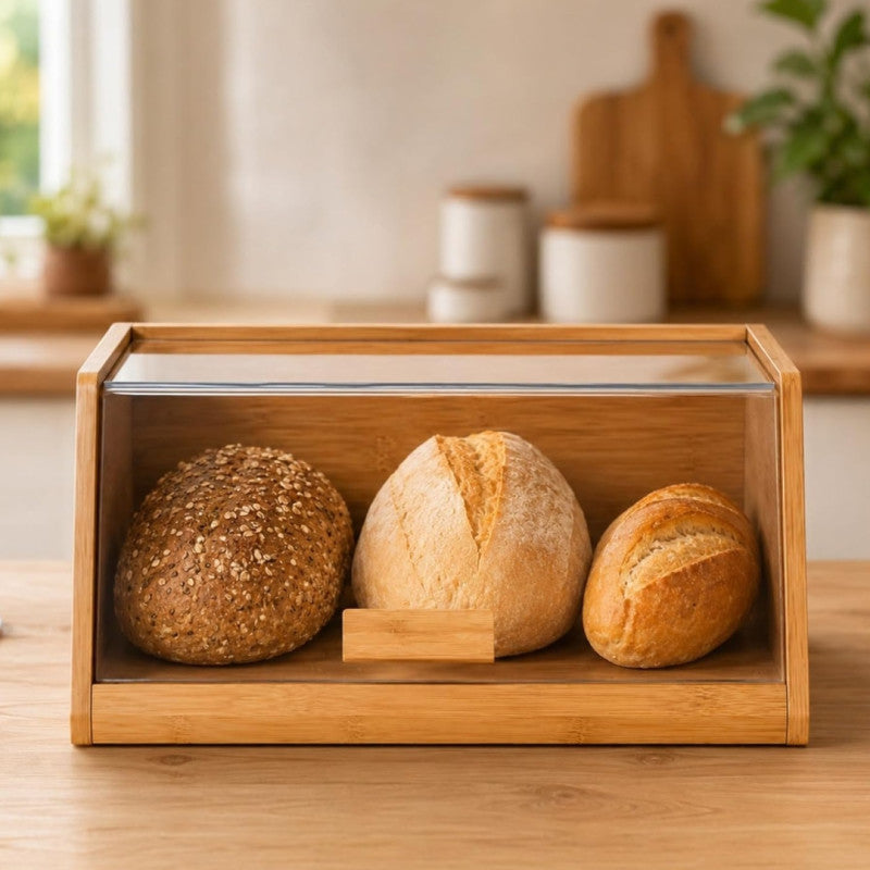 Wooden Bread Keeper with Acrylic Lid, Wooden Countertop Bread Organizer, Kitchen Bread Storage Cabinet with Transparent Door