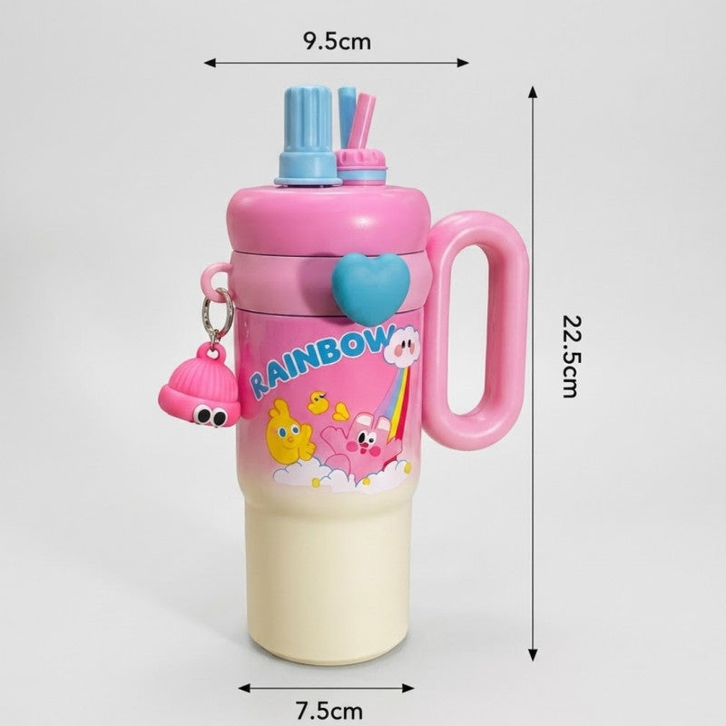 Cute Kawaii Rainbow Insulated Tumbler Sipper With Handle, Leak Proof Stainless Steel Straw Sipper, Easy Grip Vacuum Tumbler