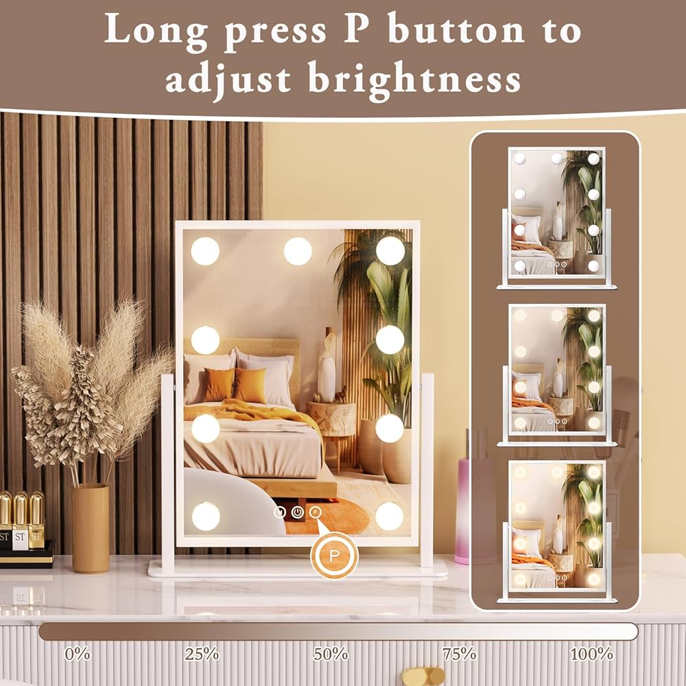 Smart Touch Vanity Mirror with Lights, Vanity Makeup Mirror with 3 Dimmable LED Bulbs, Rotatable Dressing Tabletop Mirror