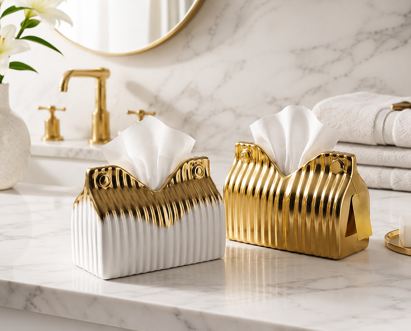 Luxury Ceramic Tissue Box, Marble Luxe Tissue Holder, Elegant Tabletop Tissue Box