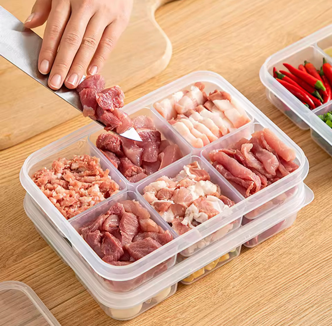 6 Compartment Meat Container Box, Fresh Grid Food Container, Refrigerator Frozen Food Storage Box, Reusable Meat Grid Box