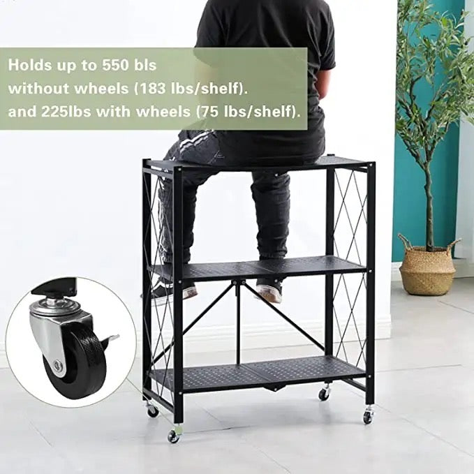 Multi Layer Folding Kitchen Rack, Kitchen Metal Folding Shelves With Wheels, Household Sundries Finishing Balcony Floor Storage Rack, Multi Level Folding Shelves with Wheels, Multifunctional 3 Tier Storage Cart