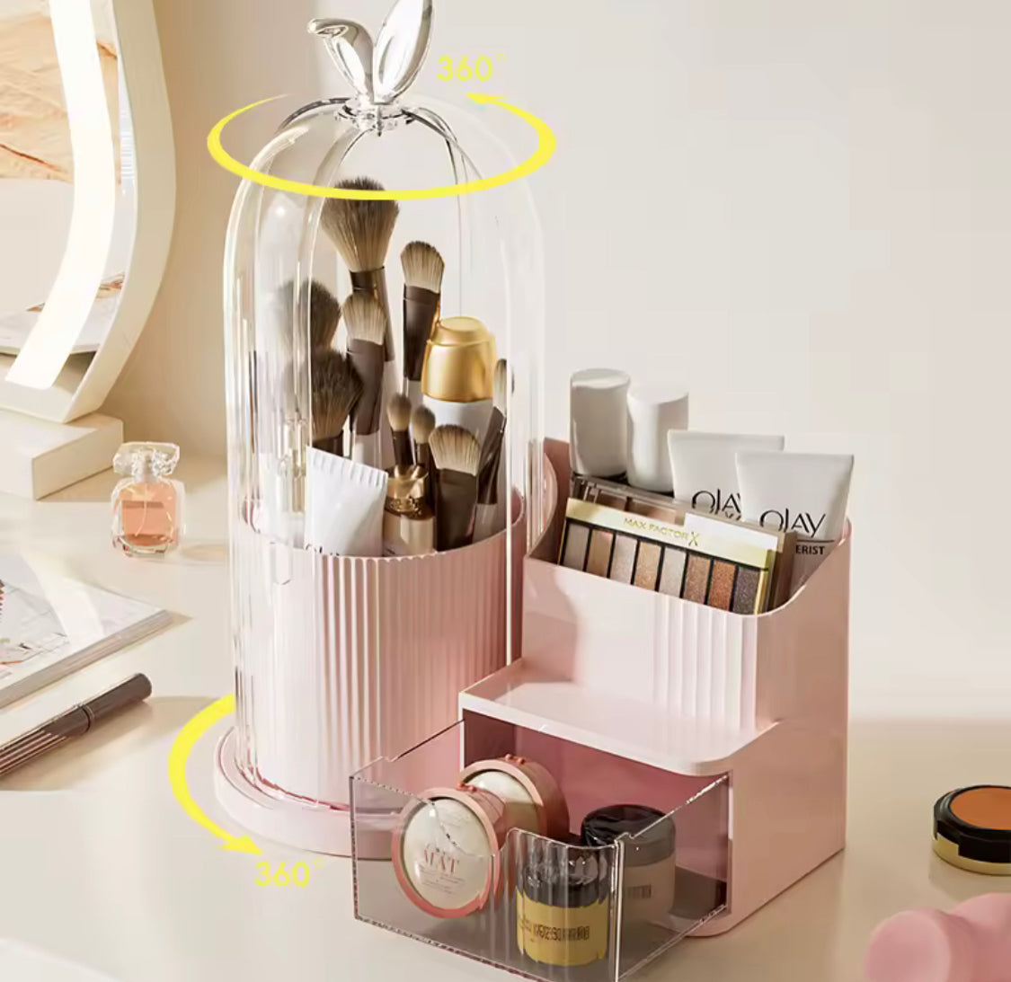 360 Rotating Makeup Organizer With Dustproof Cover, Multi Layer Cosmetic Storage Box with Drawer, Cage Shape Brush Organizer, Lipstick and Eyebrow Pencil Holder
