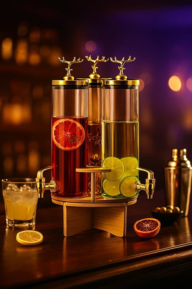 3 In 1 Rotating Glass Beverage Dispenser With Deer Lid, High Borosilicate Beverages Dispenser With 3 Tap, Glass Beverage Dispenser Set with Stand, Tabletop Beverage And Water Dispenser, Water Storage Glass Dispenser, Beverage Storage Jar