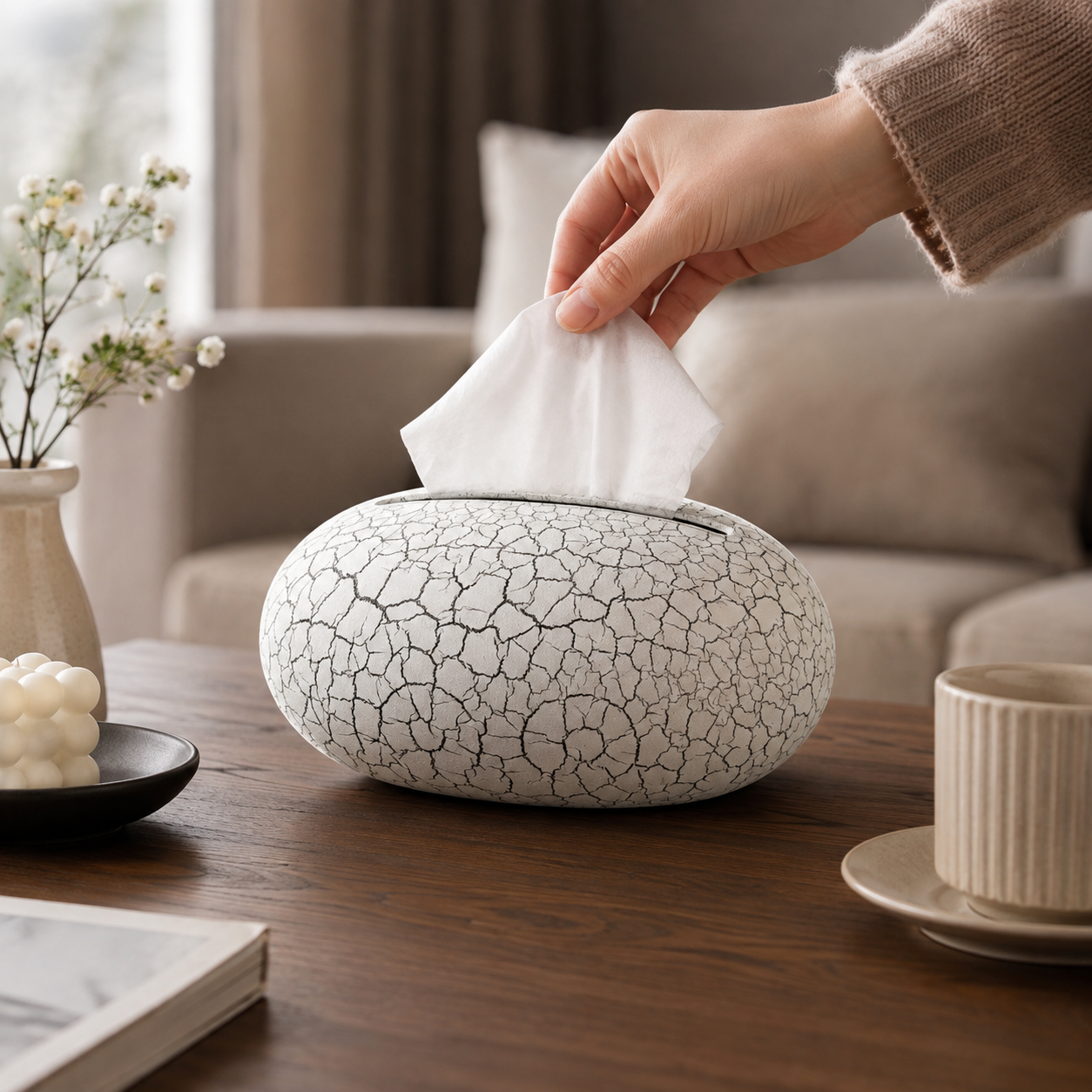 Elegant Pebble Shaped Tissue Dispenser, Aesthetic Stone Texture Tissue Holder, Decorative Oval Tissue Box