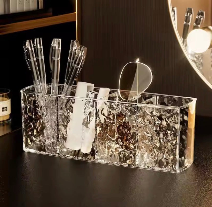 4 Grid Makeup Brush Pen Holder, Multi Compartment Rippled Divided Storage Box, Acrylic Makeup Brush and Cosmetic Holder, Makeup Brush Organizer