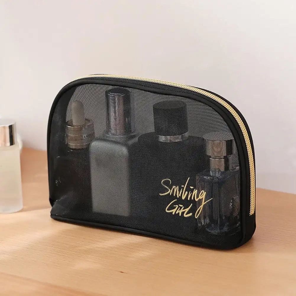 Black Mesh Cosmetic Bag, Transparent Travel Zipper Pouch, Women Beauty Case, Smiling Girl Cosmetic Bag, Travel Storage Bag, Toiletry Bags Makeup Pouch, Fashion Makeup Small Pouch For Women, Multifunctional Large Capacity Toiletry Hand Bag