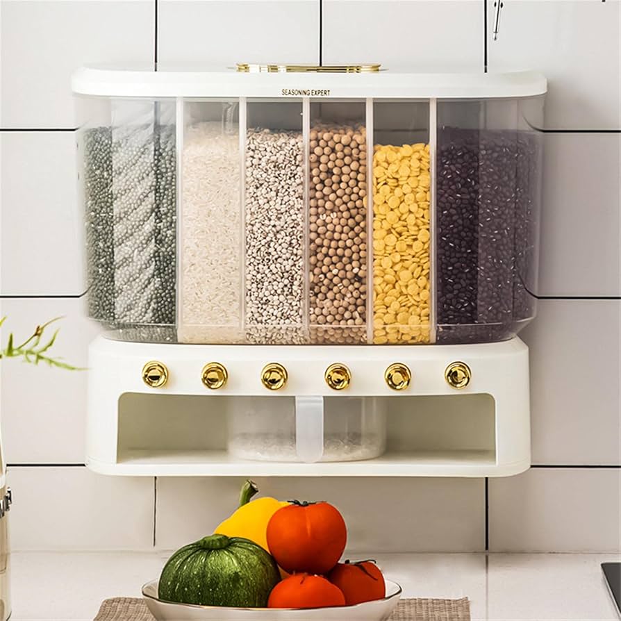 10KG Wall Mounted Cereal Dispenser, Large 6 Compartment Cereal Dispenser, Rice Storage Dispenser