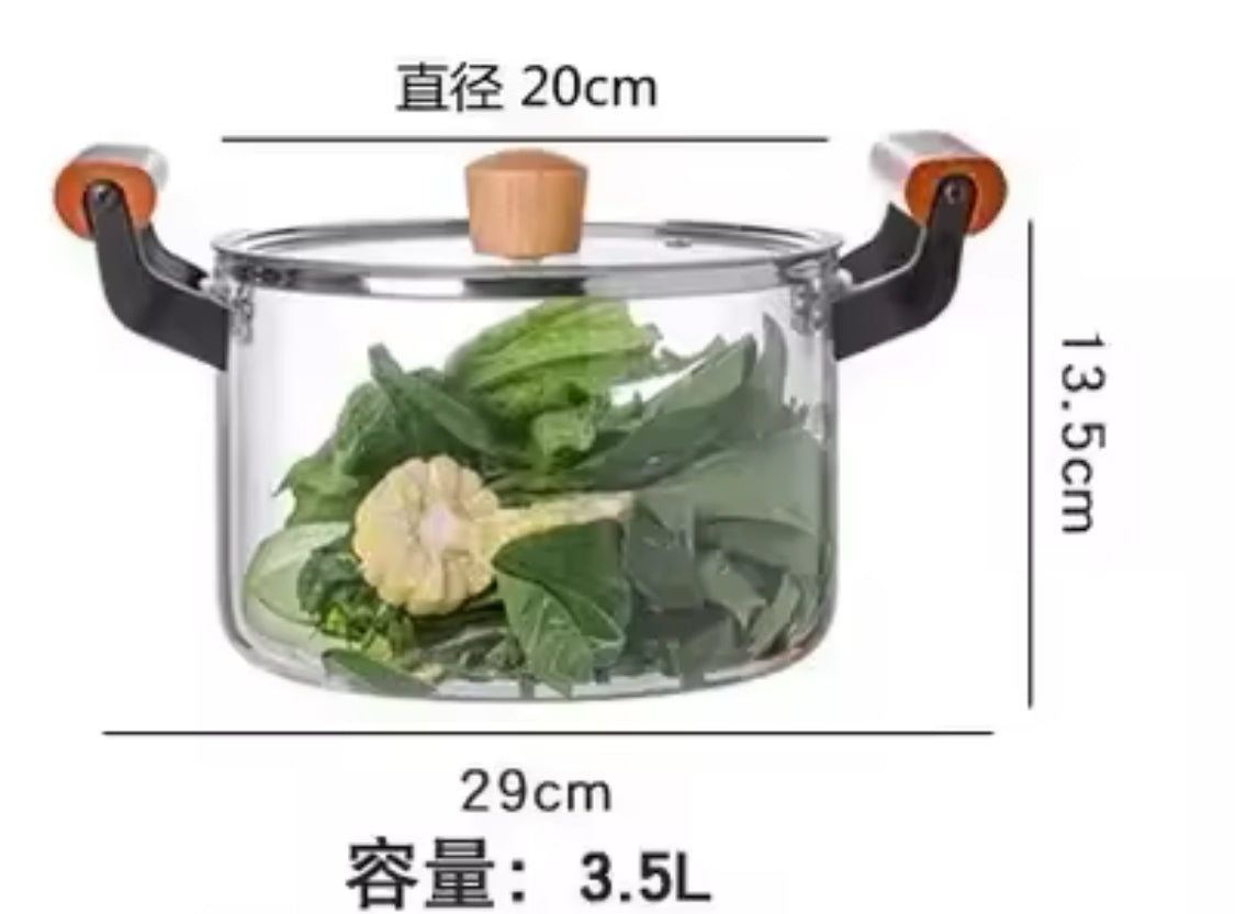 Transparent Cooking Pot With Wooden Handle, Heat Resistant Glass Pot, Kitchen Cookware Pot